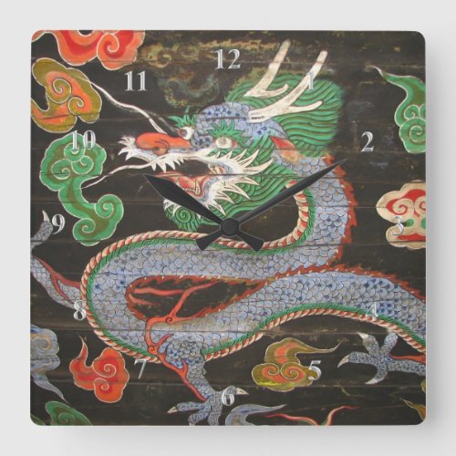 Asian Art Bright Colorful  Dragon Square Wall Clock