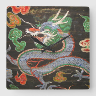Asian Art Bright Colorful Dragon Square Wall Clock