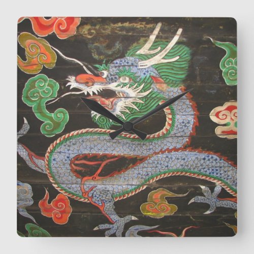 Asian Art Bright Colorful  Dragon Square Wall Clock