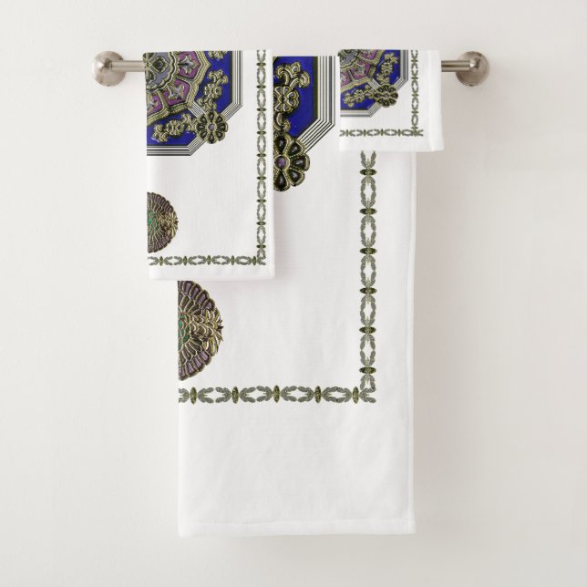 Asian Art Deco Traditional Jeweled Bath Towel Set (Insitu)