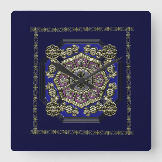 Asian Art Deco Traditional Jeweled Square Wall Clock (Front)