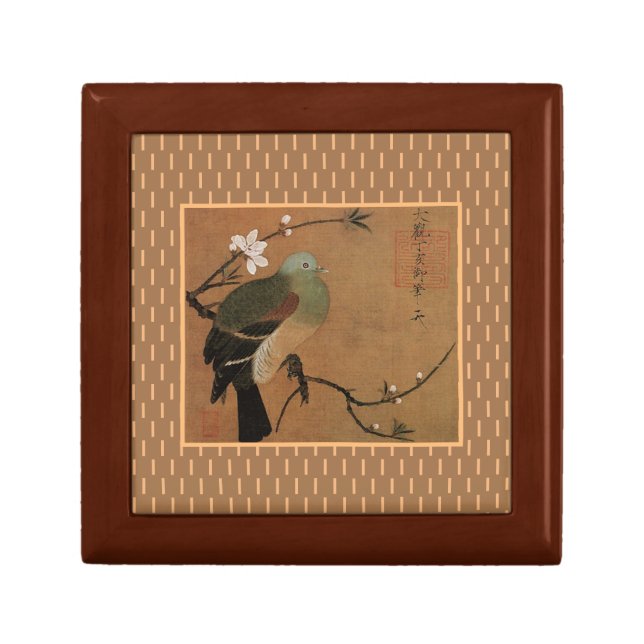 Asian art pigeon on cherry tree branch gift box (Front)