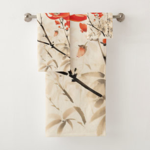 Asian Art Red Blossoms & Delicate Branches Bath Towel Set