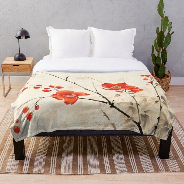Asian Art | Red Blossoms & Delicate Branches Fleece Blanket (Creator Uploaded)