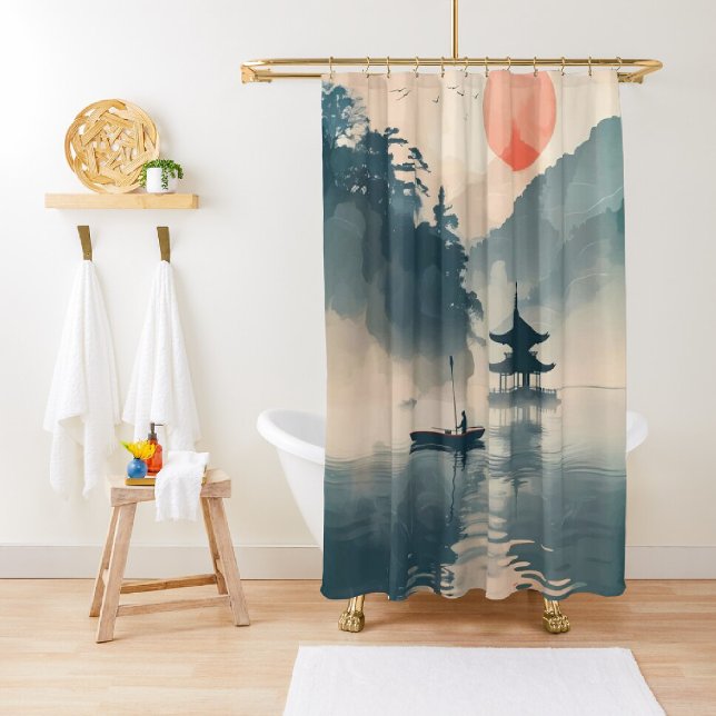 Asian Art Serene Sunset at the Pavilion  Shower Curtain (Creator Uploaded)