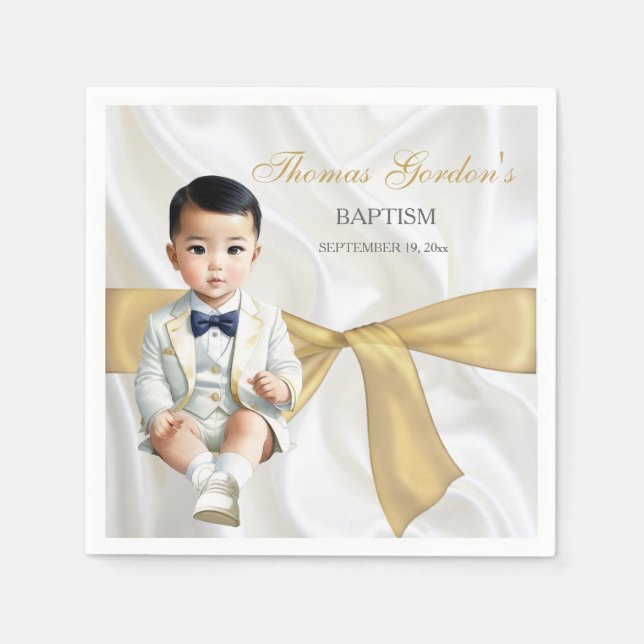 Asian Baby Boy Baptism Christening White & Gold Napkins (Front)
