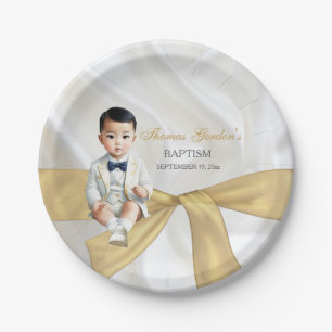 Asian Baby Boy Baptism Christening White & Gold Paper Plates