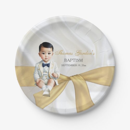 Asian Baby Boy Baptism Christening White  Gold Paper Plates