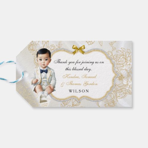 Asian Baby Boy Baptism Communion Gold White Gift Tags