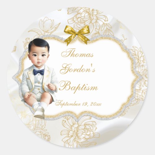 Asian Baby Boy Baptism Communion White  Gold Classic Round Sticker