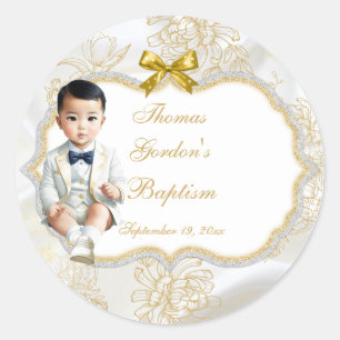 Asian Baby Boy Baptism Communion White & Gold Classic Round Sticker
