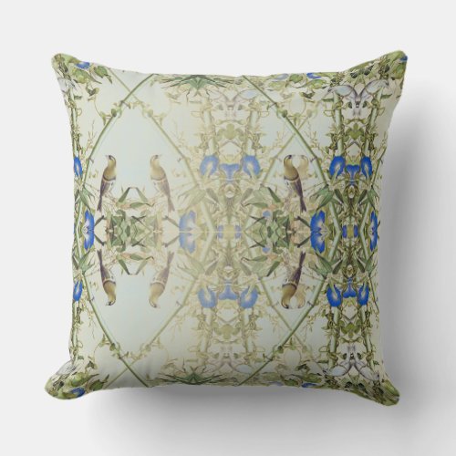 Asian Bamboo Birds Blue Flowers Throw Pillow