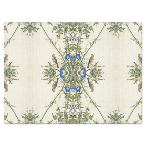 Asian Bamboo Birds Blue Flowers Tissue Paper