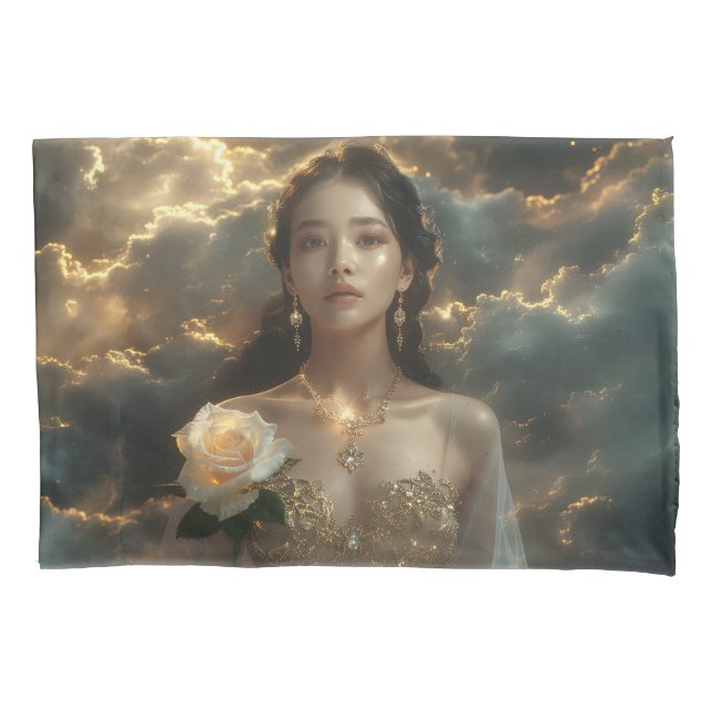Asian Beauty With White Rose Pillow Case (Front)