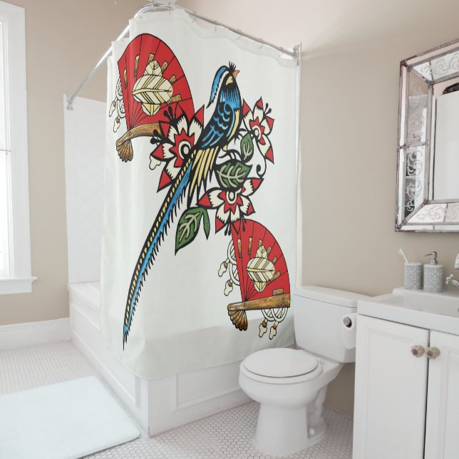 Asian Bird Deco Shower Curtain (In Situ)