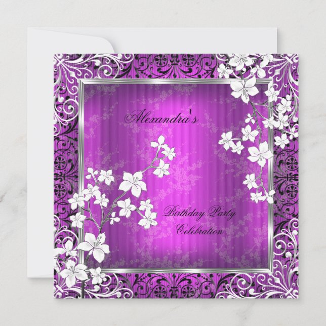 Asian Blossom Plum Pink White Black Lace Birthday Invitation (Front)