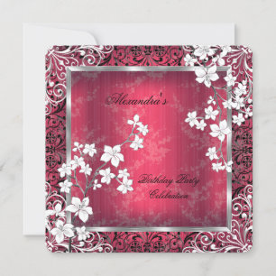 Asian Blossom Red White Black Lace Birthday Invitation