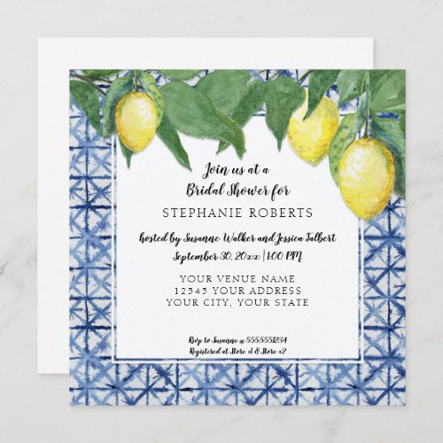 Asian Blue and White w Lemon Branch Bridal Shower Invitation