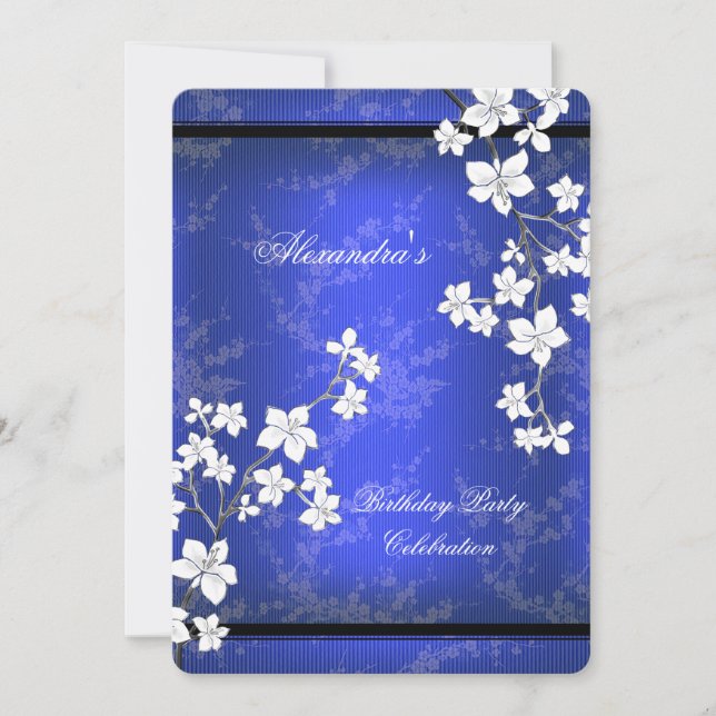Asian Blue Black Blossom White Birthday Party Invitation (Front)