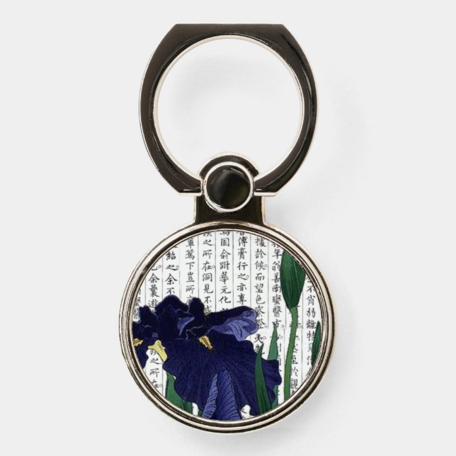 Asian Blue Iris on Kanji Background Phone Ring Stand (Front)