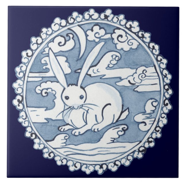 Asian Blue Rabbit in Clouds Ancient Pottery Design Ceramic Tile (Front)
