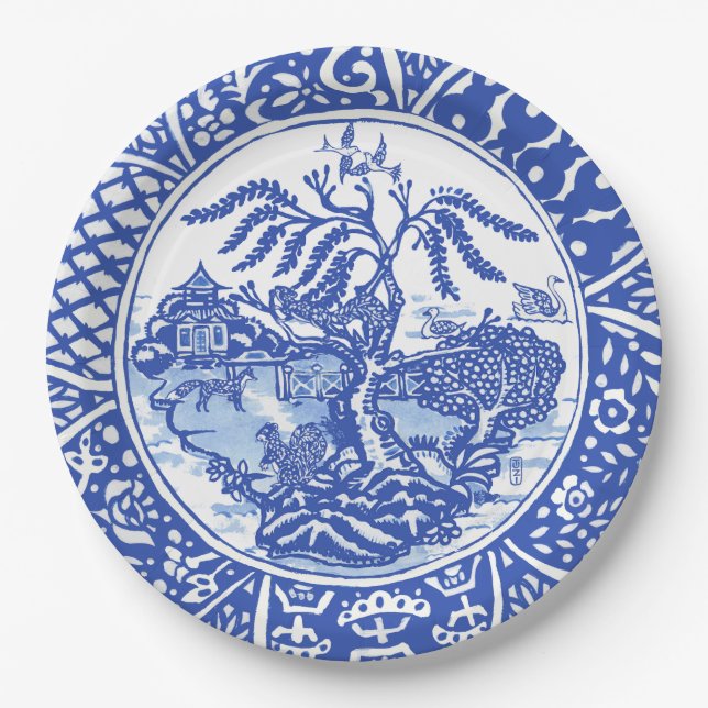 Asian Blue Squirrel Bird Fox Willow Temple Garden Paper Plates (Front)