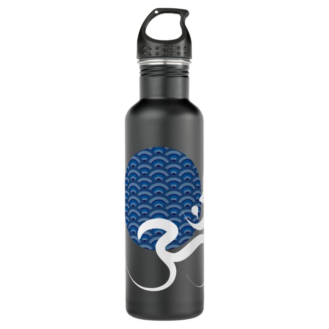 Asian Blue Sun Yoga Modern Zen Calligraphy Om Aum Stainless Steel Water Bottle (Front)
