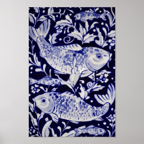 Asian Blue  White Koi Fish Pond Chinoiserie Art Poster