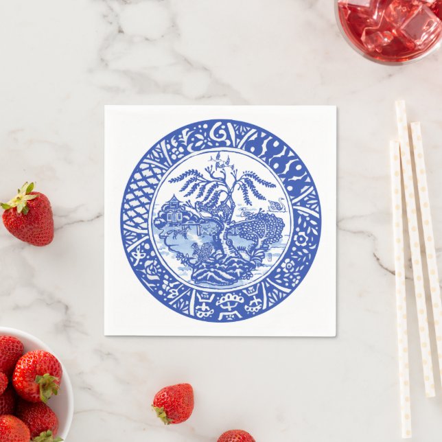 Asian Blue White Squirrel Bird Fox Willow Temple  Napkins (Insitu)