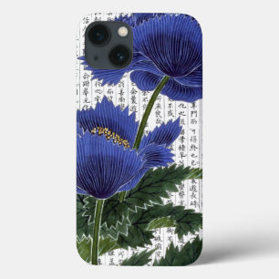Asian BluePoppies on Kanji Background iPhone 13 Case