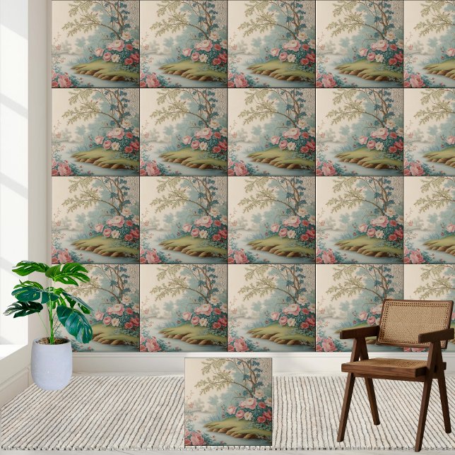 Asian Botanical Vintage Chinoiserie Landscape Tile (Asian Botanical Vintage Chinoiserie Landscape Tile)