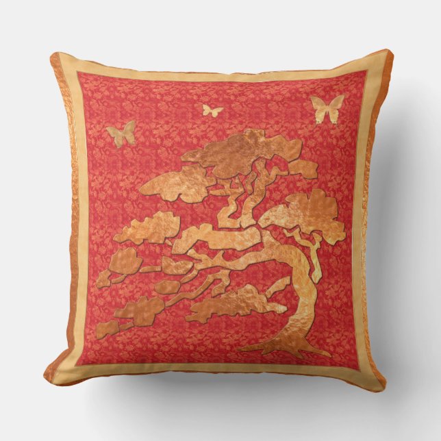 Asian Brocade & Tree Outdoor Pillow (Front)