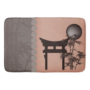 Asian brown Torii bamboo moon digital art Bath Mat