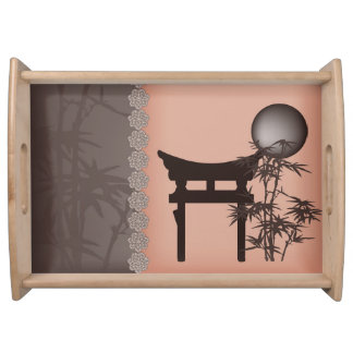 Asian brown Torii bamboo moon digital art Serving Tray