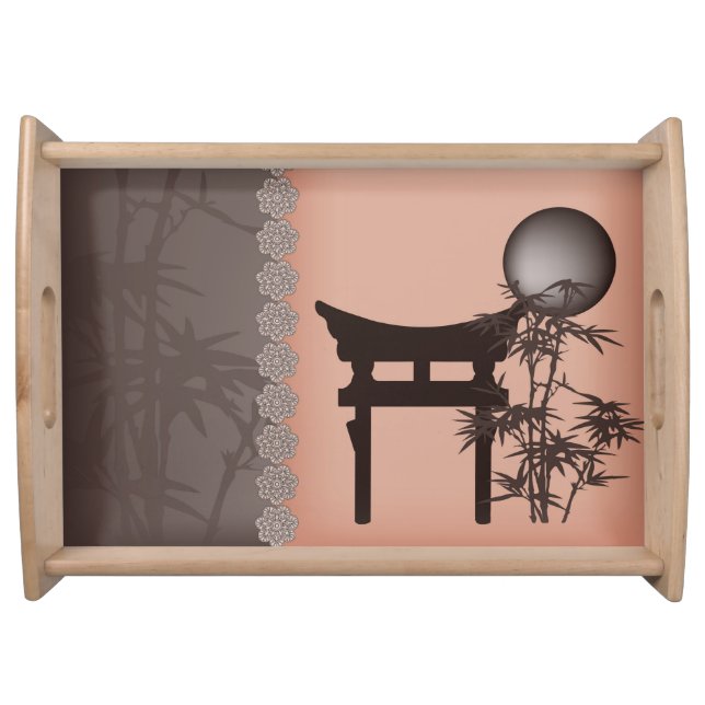 Asian brown Torii bamboo moon digital art Serving Tray (Front)