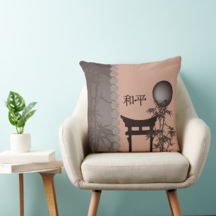 Asian brown Torii bamboo moon digital art Throw Pillow