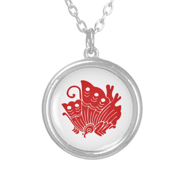 Asian Butterfly Japanese Kamon Design Silver Plated Necklace (Front)