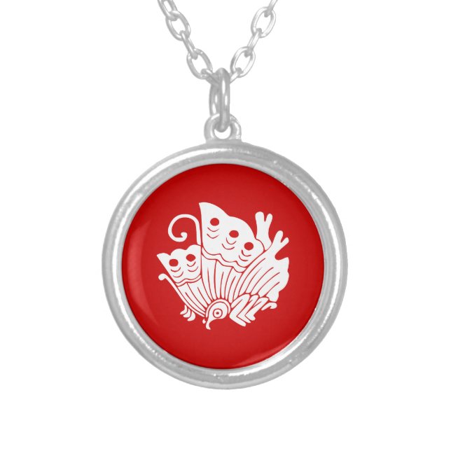 Asian Butterfly Japanese Kamon Design Silver Plated Necklace (Front)