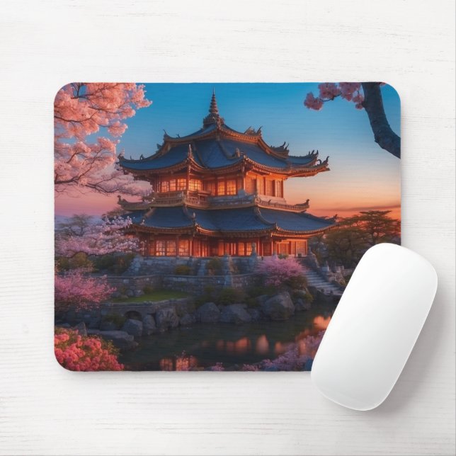 Asian Castle of the Garden Sunset Mouse Pad (With Mouse)