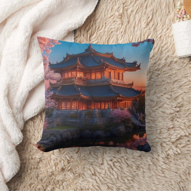 Asian Castle of the Garden Sunset Square Throw Pillow (Blanket)