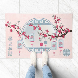 Asian cherry blossom blue lantern digital art doormat