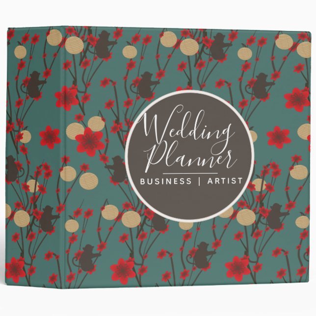 Asian Cherry Blossom Monkey Wedding Planner 3 Ring Binder (Front/Spine)