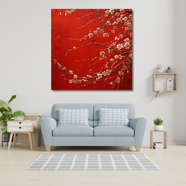 Asian Cherry Blossom on Vibrant Red Background Canvas Print (Creator Uploaded)