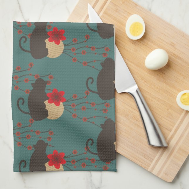 Asian Cherry Blossom Sakura Modern Monkey Pattern Kitchen Towel (Quarter Fold)