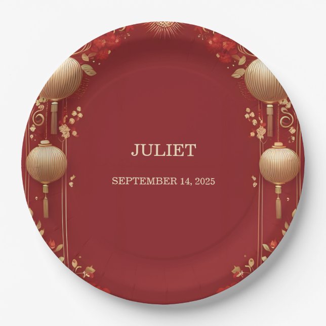 Asian Chinese Bilingual Hei Bold Bridal Shower Paper Plates (Front)