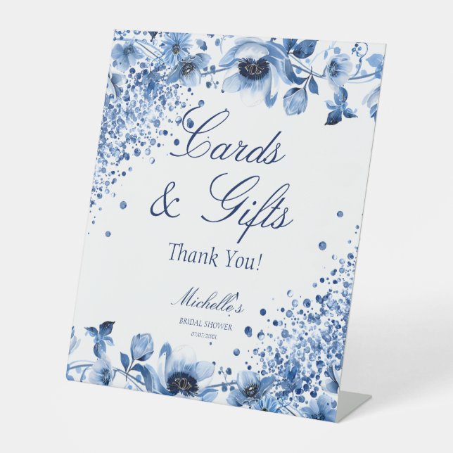 Asian Chinoiserie Light Blue Floral Cards & Gifts Pedestal Sign (Front)
