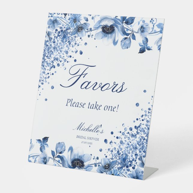 Asian Chinoiserie Light Blue Floral Favors  Pedestal Sign (Front)