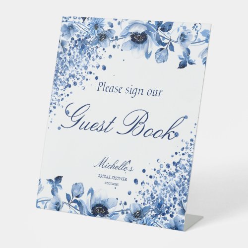 Asian Chinoiserie Light Blue Floral Guest Book Pedestal Sign