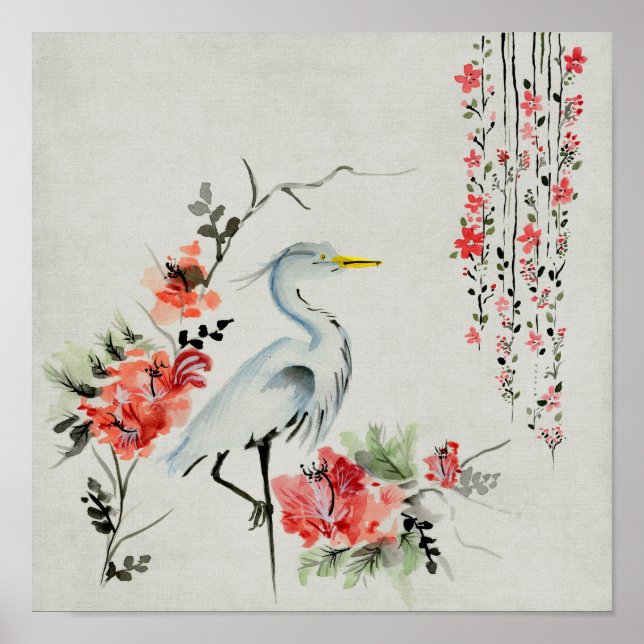 Asian`Crane Floral Poster (Front)