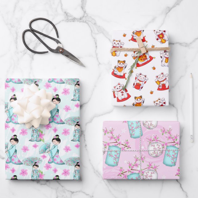 Asian Design Wrapping Paper Flat Sheet Set of 3 (Front)